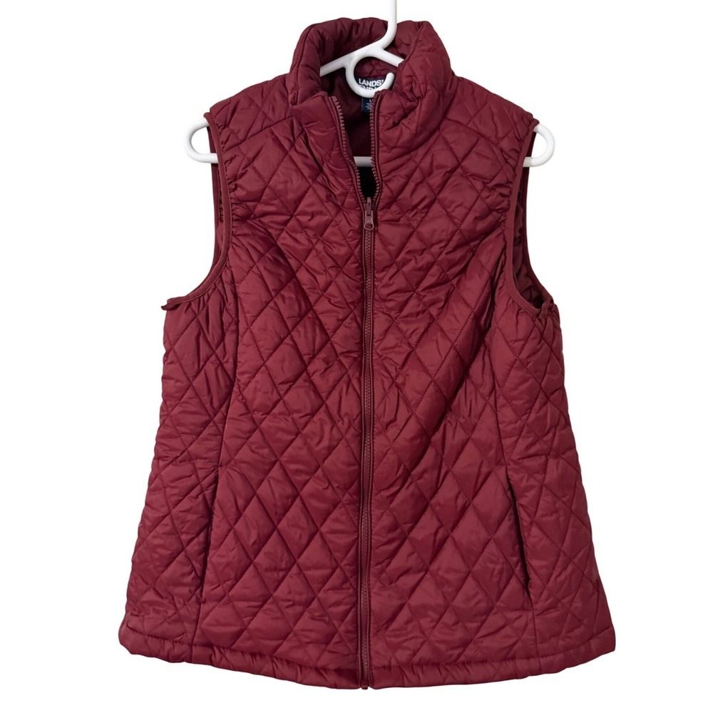 Lands End Womens Large Quilted Puffer Vest Burgundy Red Full Zip Mock Neck L